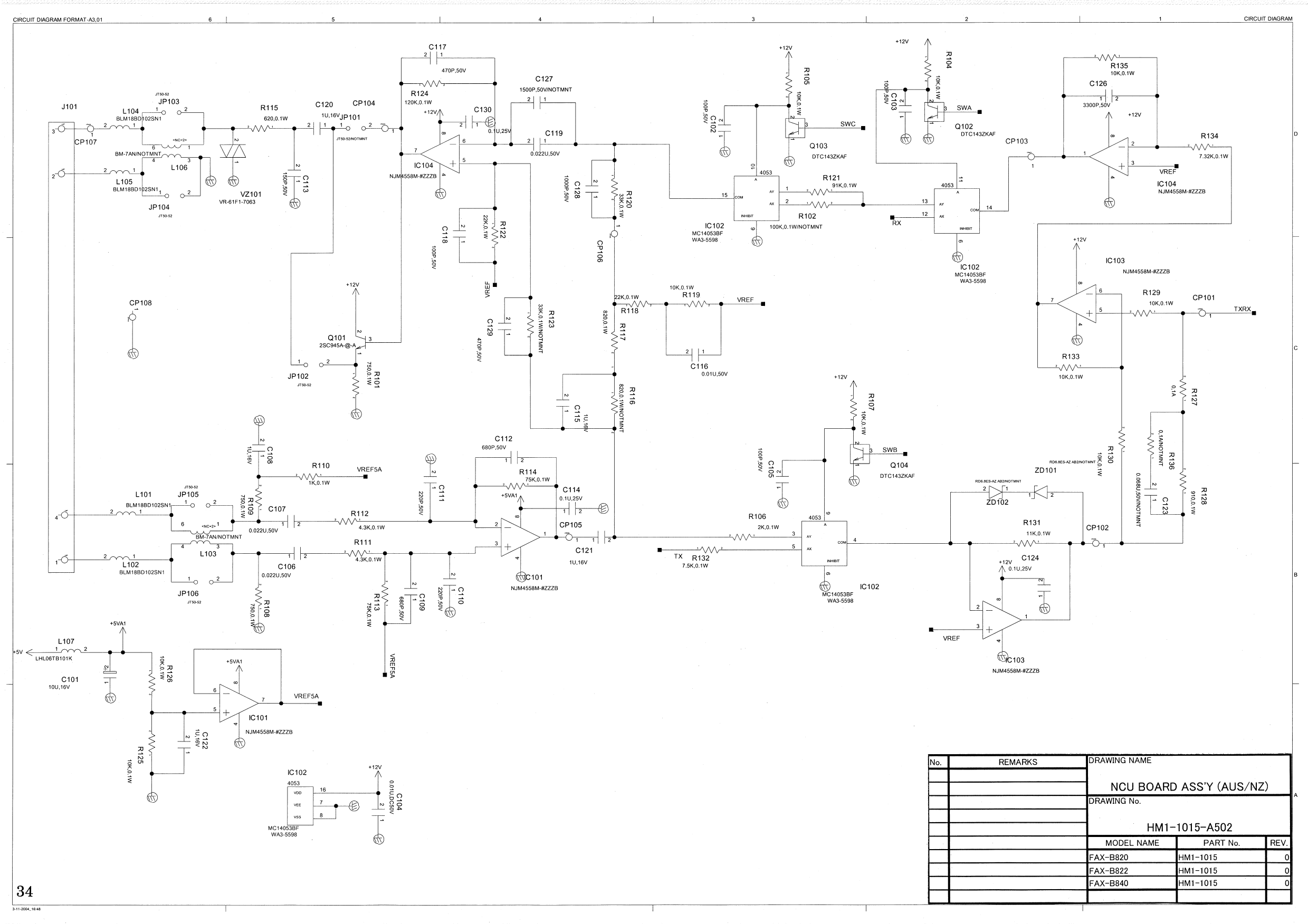 Canon FAX B820 B822 B840 NCU-BOARD Circuit Diagram-6